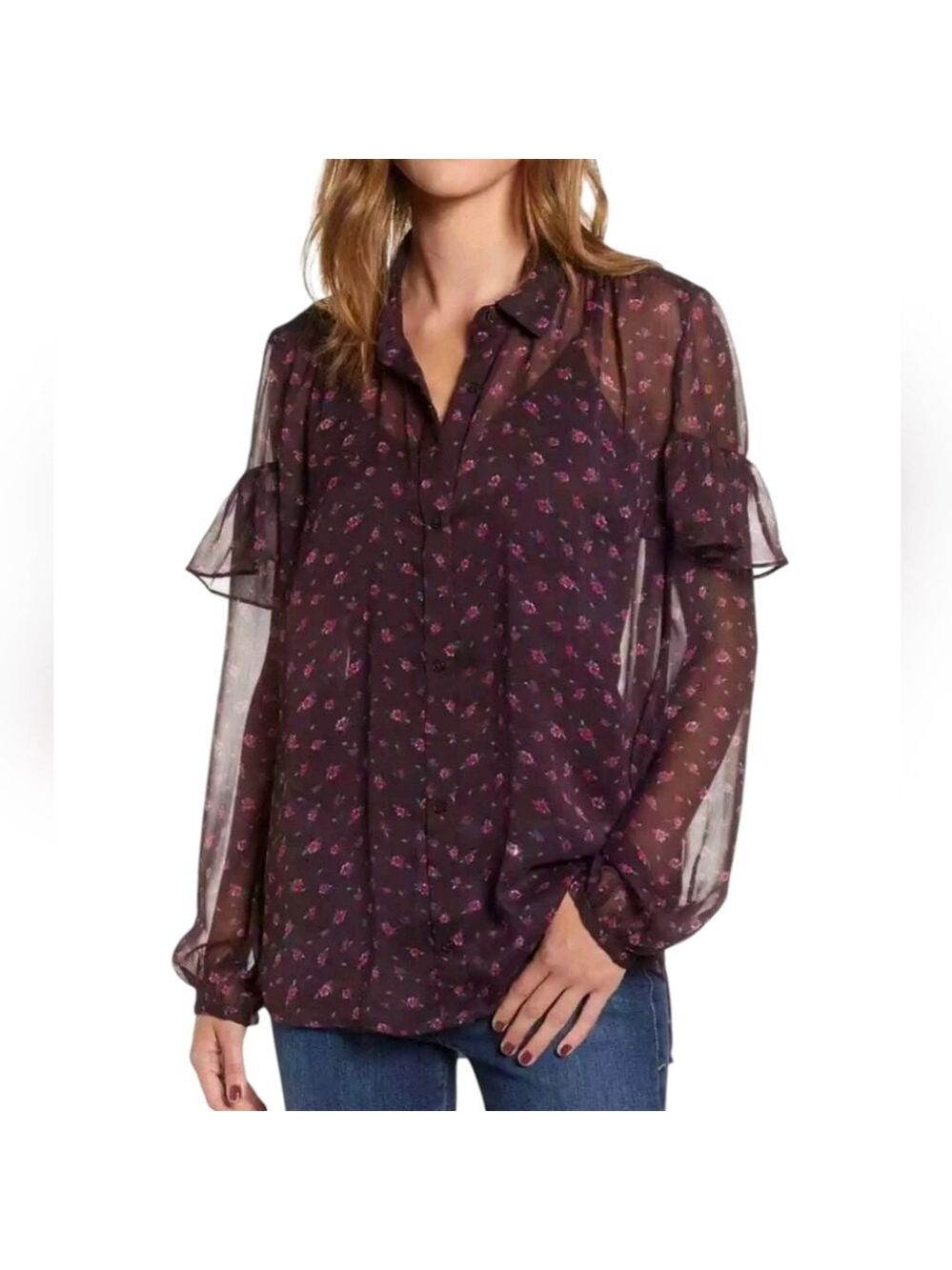 French Connection Purple Floral Long Sleeve Top - Size 6